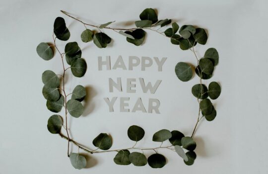 Happy New Year letters surrounded by Eucalyptus branches